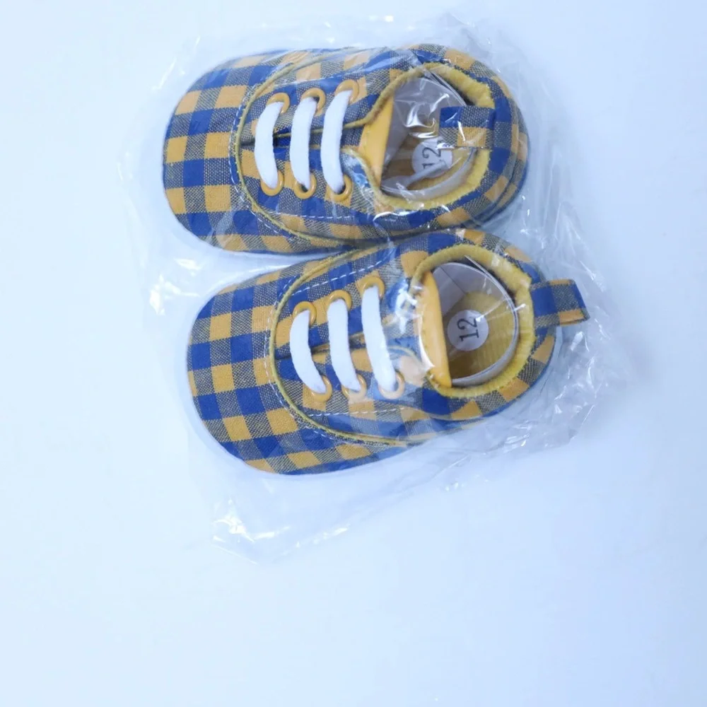 Baby Toddler Shoes Yellow Blue check plaid gingham 6-12 Walking Boot Infant New
